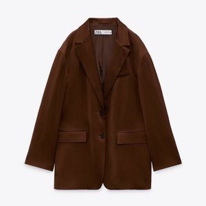 Zara Flowy Blazer Chocolate Brown Satin Effect Runs Oversized